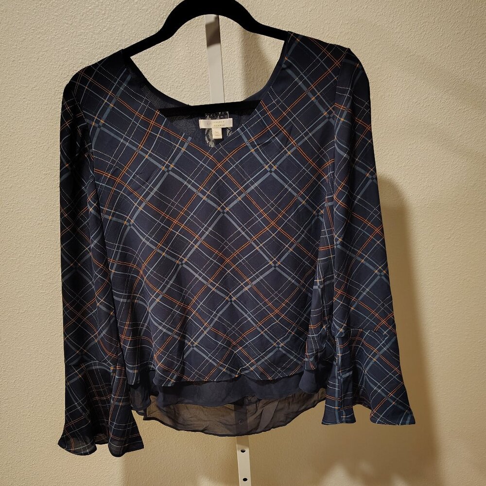 LC Lauren Conrad Bell Sleeve Blouse Blue Plaid Lace Back Size Medium Polyester